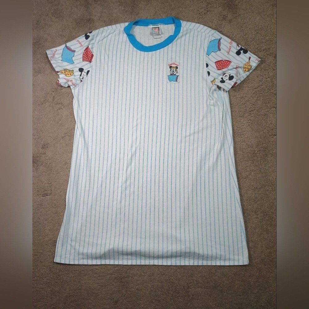 Mickey Unlimited Nightshirt Womens Large Blue White Stripe Sweet Dreams Vintage